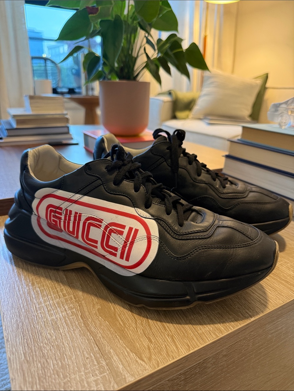 Gucci Black Leather Sneakers with Red Logo Panel